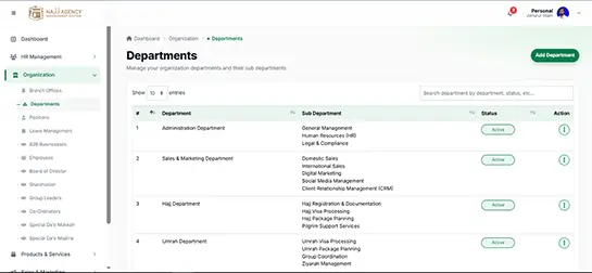 Departments tab