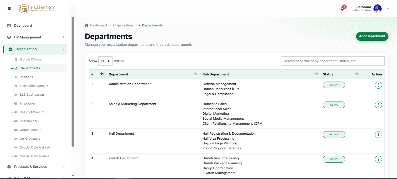 departments tab